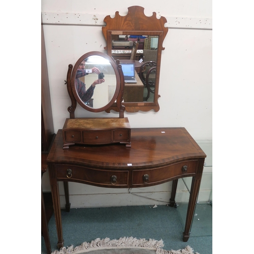 96 - A Victorian mahogany and burr walnut three drawer dressing mirror, mahogany framed wall mirror, two ... 