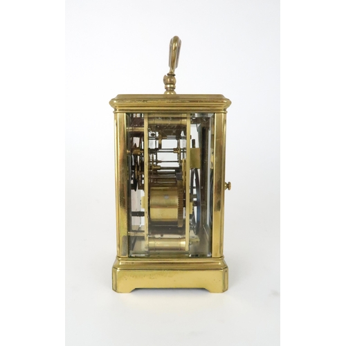 151 - A FRENCH BRASS REPEATER CARRIAGE CLOCKwith silvered chased dial and roman numerals, the movement mar... 