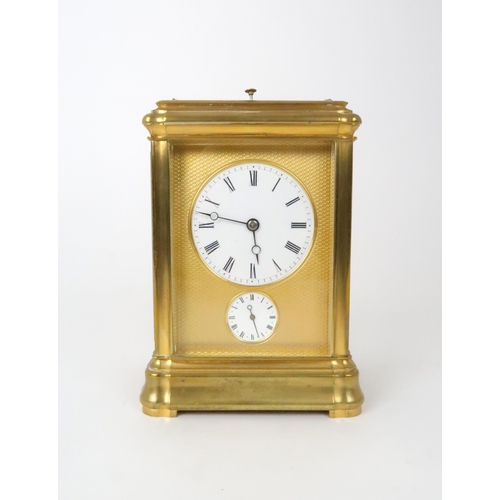 152 - A FRENCH BRASS CARRIAGE REPEATER/ALARM CLOCKwith gilt metal and white enamel dial with Roman numeral... 