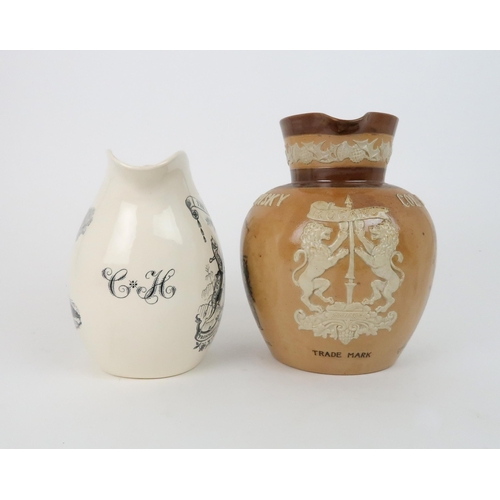 153 - A ROYAL DOULTON STONEWARE COL. BOGEY WHISKY WATER JUGwith applied thistle decoration to neck and Rog... 