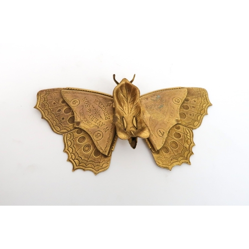 156 - A GILT METAL AVERY BUTTERFLY NEEDLE PACKET CASEwith hinged wings, stamped to underside Patent W. Ave... 