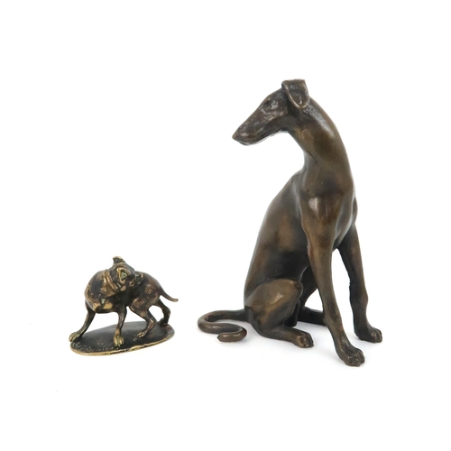 157 - ROBERT CRUTCHLEY (BORN 1943) BRONZE OF A SEATED GREYHOUND11cms, with initials RHC, together with a s... 