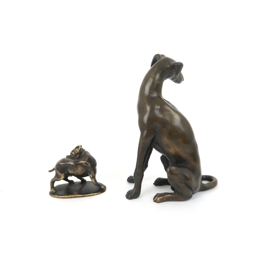 157 - ROBERT CRUTCHLEY (BORN 1943) BRONZE OF A SEATED GREYHOUND11cms, with initials RHC, together with a s... 