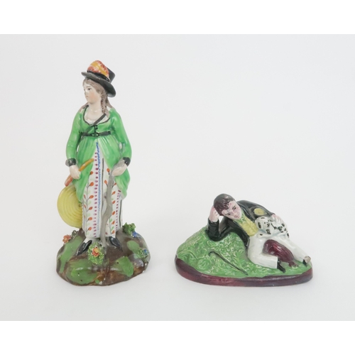 180 - A WHIELDON-TYPE TEAPOTwith applied floral decoration and slip glaze, a Pearlware figure of a lady wi... 