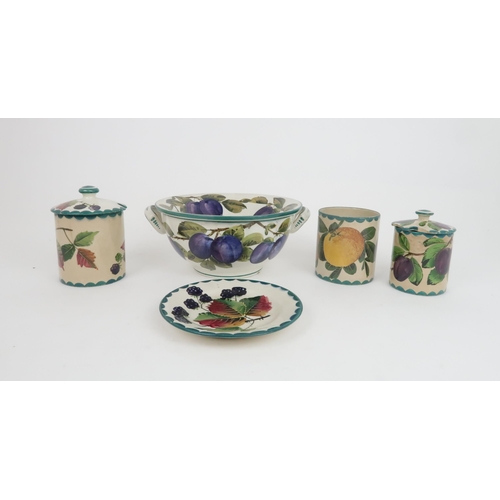 191 - A WEMYSS FRUIT DRAINER AND BOWLpainted with the plum pattern, the bowl with two ring handles and mar... 