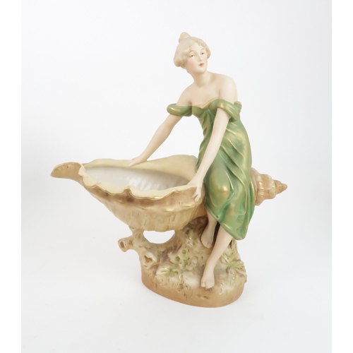 198 - A ROYAL DUX ART NOUVEAU CENTREPIECEdepicting maidens seated upon a conch shell, stamped 1066, 37cms ... 