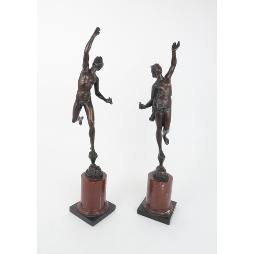 205 - A PAIR OF FRENCH BRONZE FIGURES OF MERCURY AND FORTUNAafter Giambologna, both on a rosso marble cyli... 