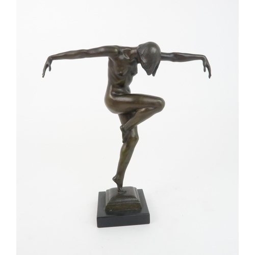 206 - AN ART DECO STYLE BRONZE OF A DANCERmodelled with arms horizontal, incised D.S., 30cm high... 