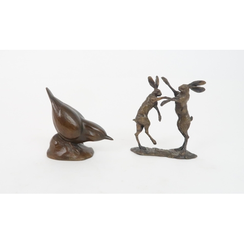 208 - A BRONZE OF BOXING HARESin the style of Paul Jenkins, signed to base, 12cm high together with a bron... 