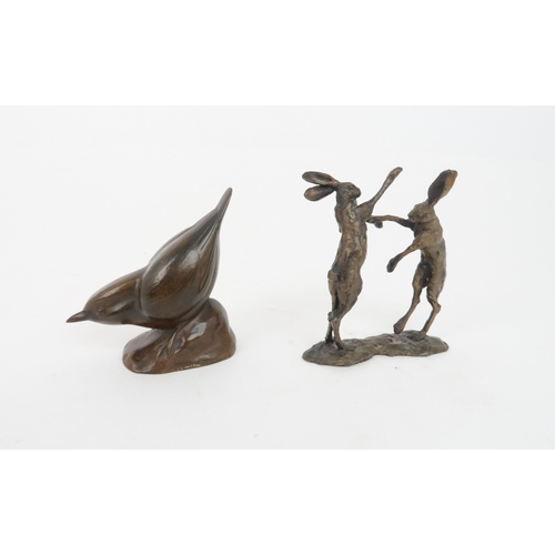 208 - A BRONZE OF BOXING HARESin the style of Paul Jenkins, signed to base, 12cm high together with a bron... 