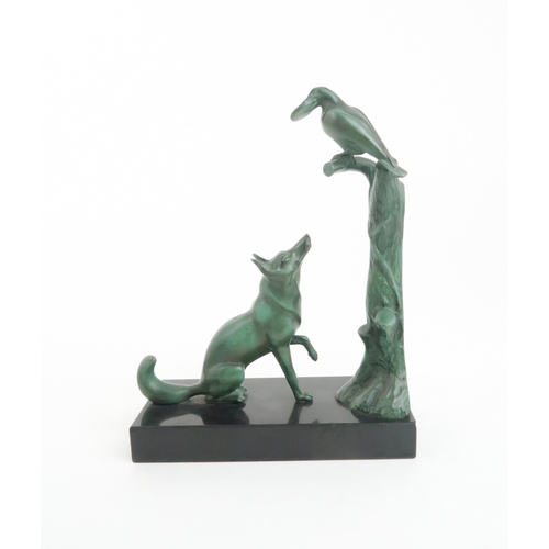 219 - MAX LE VERRIER (1891 - 1943) FRENCH ART DECO VERDIGRIS BRONZE BOOKENDmodelled as a fox and a crow, w... 