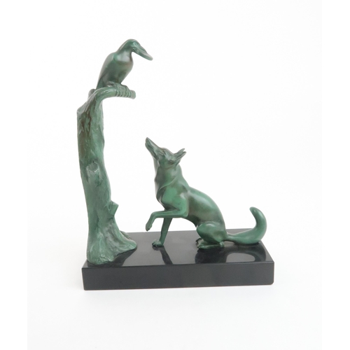 219 - MAX LE VERRIER (1891 - 1943) FRENCH ART DECO VERDIGRIS BRONZE BOOKENDmodelled as a fox and a crow, w... 