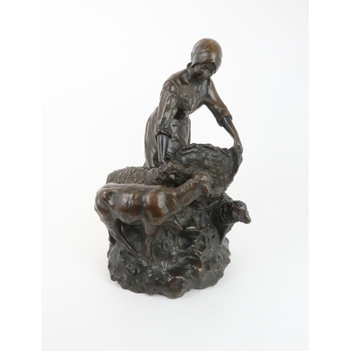 228 - JEANNE CHATEIGNON (1876-1950) BRONZE OF A SHEPHERDESS FEEDING SHEEP FROM A BASKETsignature to side, ... 