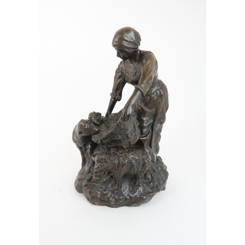 228 - JEANNE CHATEIGNON (1876-1950) BRONZE OF A SHEPHERDESS FEEDING SHEEP FROM A BASKETsignature to side, ... 