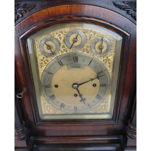 236 - A VICTORIAN CARVED OAK CASED CHIMING BRACKET CLOCKthe arched brass dial with slow/fast, chime/silent... 