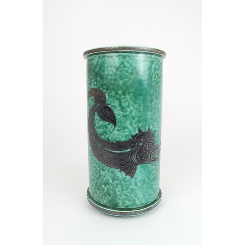 323 - WILHELM KAGE FOR GUSTAVSBERGan Argenta cylindrical vase with silver decoration of a fish, on turquoi... 