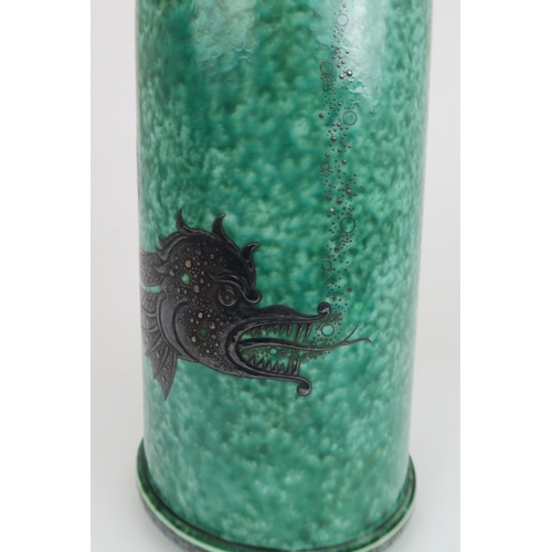 323 - WILHELM KAGE FOR GUSTAVSBERGan Argenta cylindrical vase with silver decoration of a fish, on turquoi... 