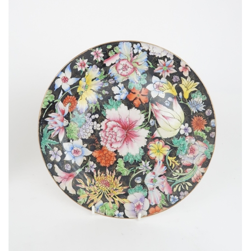 406 - A CANTON MILLEFIORI PLATEpainted all over with flowers on a black ground,24.5cm diameter, a Chi... 