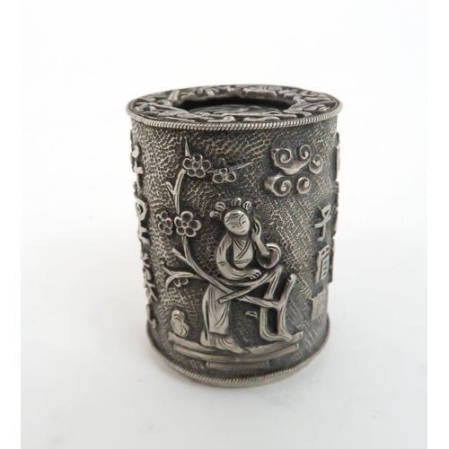 410 - A CHINESE EXPORT SILVER CYLINDRICAL POWDER BOXdecorated with ladies, calligraphy and bamboo, stamped... 