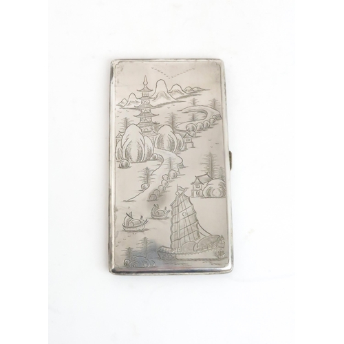 413 - A CHINESE EXPORT SILVER CIGARETTE CASEdecorated with pagodas on islands, junk and sampan in the fore... 