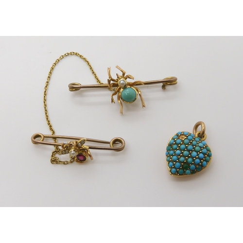 751 - A SPIDER & FLY BROOCHthe spider is set with turquoise and pearl and the fly with a ruby and pear... 