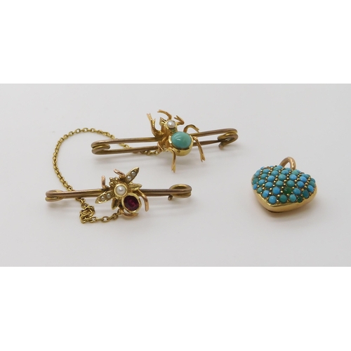 751 - A SPIDER & FLY BROOCHthe spider is set with turquoise and pearl and the fly with a ruby and pear... 