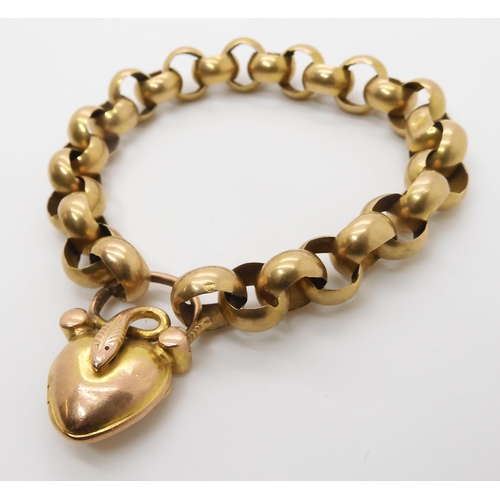 752 - A BRIGHT YELLOW METAL SNAKE BRACELETthe chain is a large open link with a heart shaped locket clasp ... 