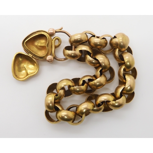 752 - A BRIGHT YELLOW METAL SNAKE BRACELETthe chain is a large open link with a heart shaped locket clasp ... 