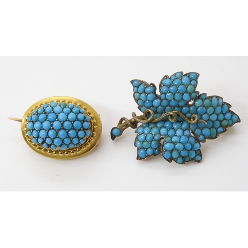 757 - A COLLECTION OF ANTIQUE JEWELSa yellow metal bombe shaped brooch set with turquoise, with granulatio... 