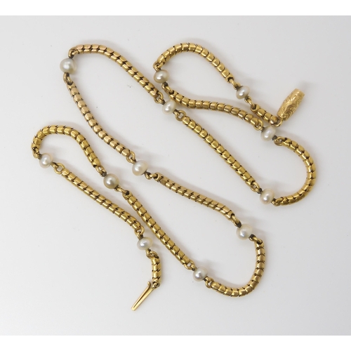 761 - A NATURAL PEARL SET CHAINthe bright yellow metal snake chain, is interspaced with natural pearls of ... 