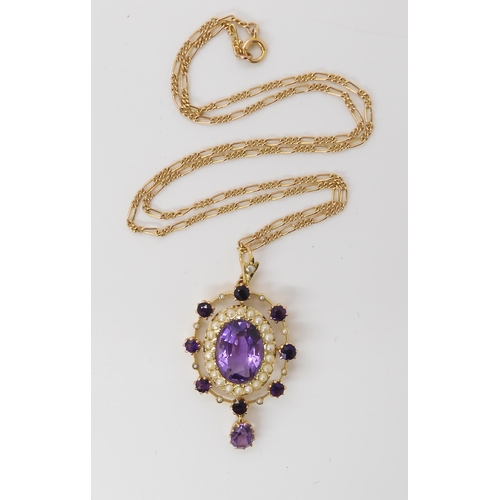 779 - A 15CT GOLD EDWARDIAN PENDANTset with amethyst and pearls, the central amethyst is approx 13.5mm x 1... 