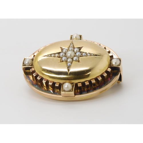 785 - A YELLOW METAL PEARL SET STAR BROOCH with a locket back. Dimensions 4.3cm x 3.3cm, weight 19.2g... 