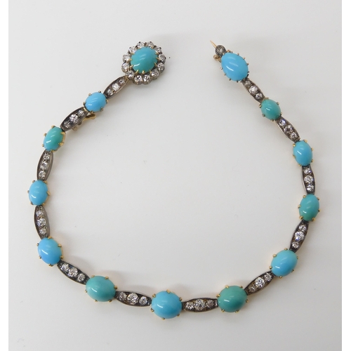 803 - A TURQUOISE & DIAMOND DOUBLE BROOCHconverted from a necklet, it now has brooch fittings to each ... 