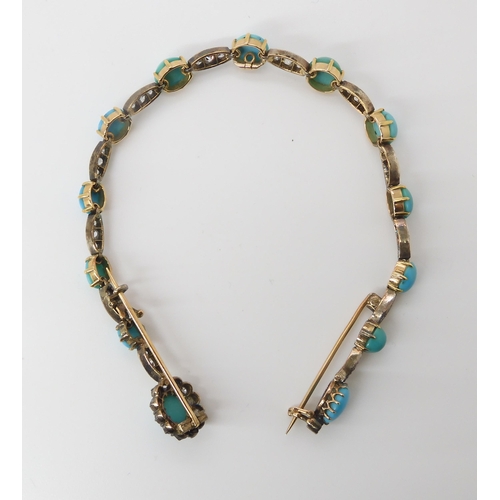 803 - A TURQUOISE & DIAMOND DOUBLE BROOCHconverted from a necklet, it now has brooch fittings to each ... 