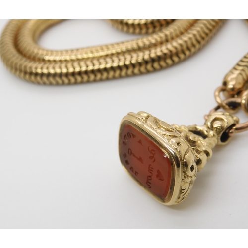 822 - A BRIGHT YELLOW METAL SNAKE CHAIN FOBwith attached yellow metal carnelian fob seal, intaglio engrave... 