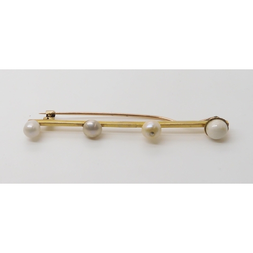 843 - *Withdrawn* Pearl licence not in place, it will be in a future sale. A FOUR PEARL BAR BROOCHmounted ... 