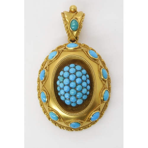 847 - A VICTORIAN TURQUOISE LOCKET BACK PENDANTmade in bright yellow metal with wire work detail. Length 5... 