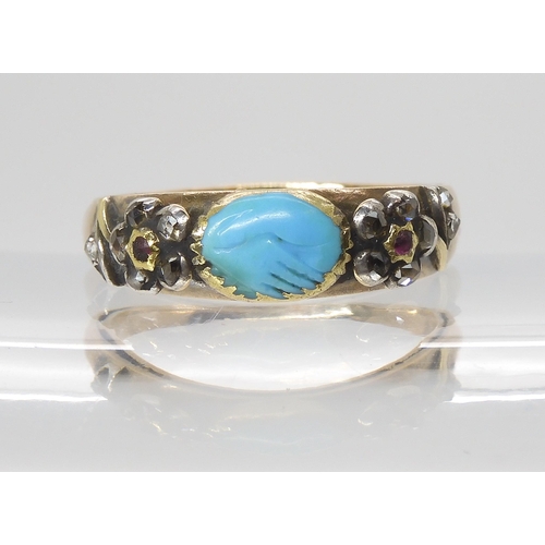 855 - A MOURNING RINGin yellow metal, set with diamond and ruby forget-me-not flowers and a turquoise carv... 