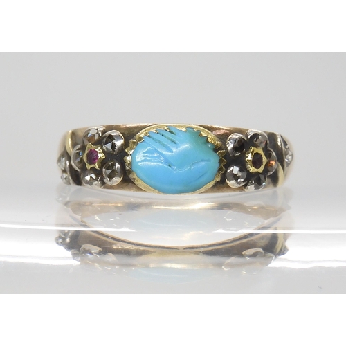 855 - A MOURNING RINGin yellow metal, set with diamond and ruby forget-me-not flowers and a turquoise carv... 