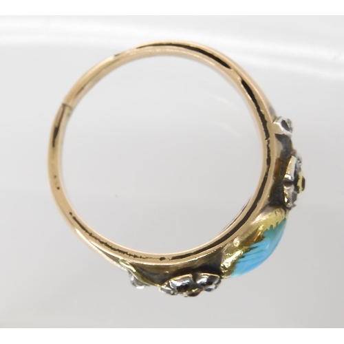 855 - A MOURNING RINGin yellow metal, set with diamond and ruby forget-me-not flowers and a turquoise carv... 