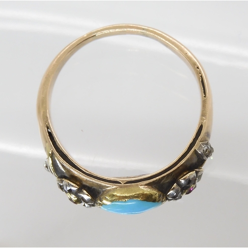 855 - A MOURNING RINGin yellow metal, set with diamond and ruby forget-me-not flowers and a turquoise carv... 