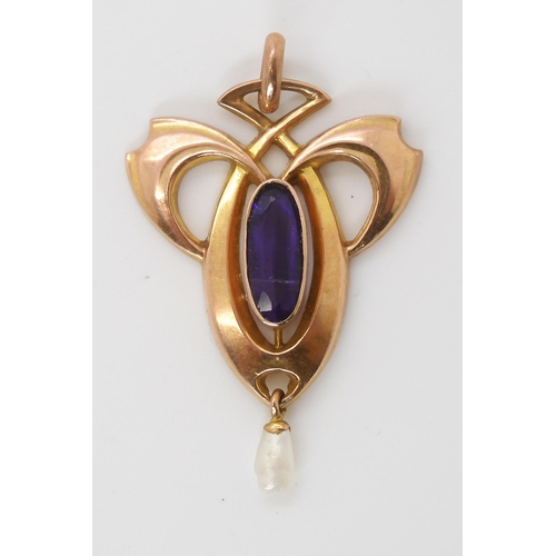 876 - A 9CT MURRLE BENNET PENDANTset with an oval amethyst and natural freshwater pearl, stamped MB & ... 