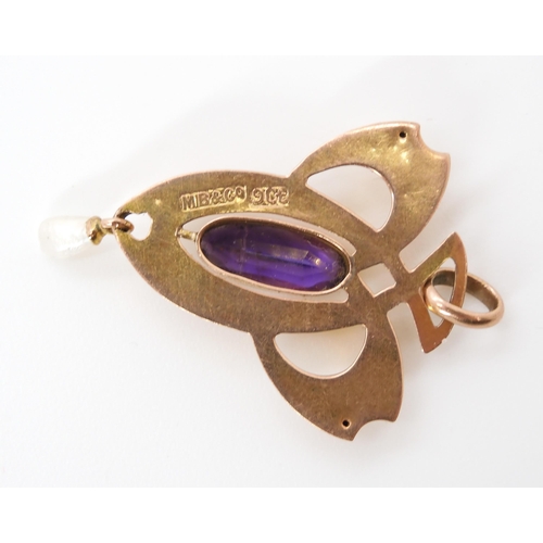 876 - A 9CT MURRLE BENNET PENDANTset with an oval amethyst and natural freshwater pearl, stamped MB & ... 