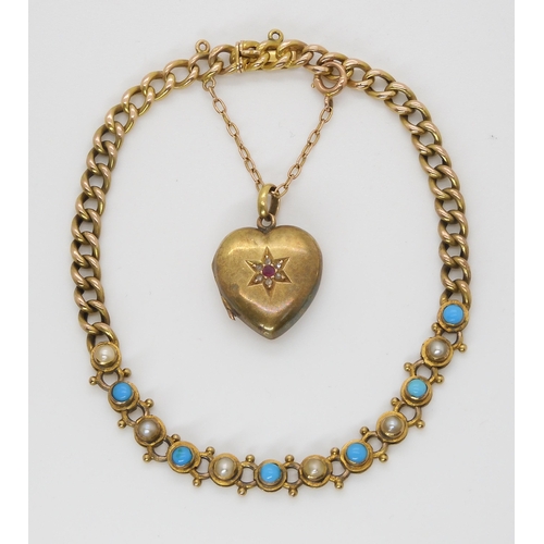 877 - A 15CT PEARL AND TURQUOISE BRACELETwith an attached yellow metal ruby and diamond set heart locket, ... 