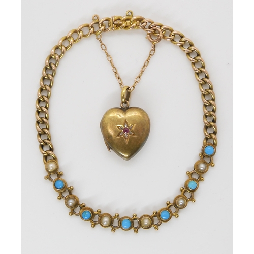 877 - A 15CT PEARL AND TURQUOISE BRACELETwith an attached yellow metal ruby and diamond set heart locket, ... 