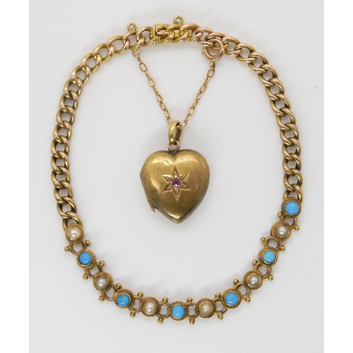 877 - A 15CT PEARL AND TURQUOISE BRACELETwith an attached yellow metal ruby and diamond set heart locket, ... 