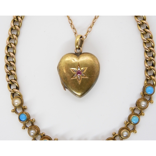 877 - A 15CT PEARL AND TURQUOISE BRACELETwith an attached yellow metal ruby and diamond set heart locket, ... 