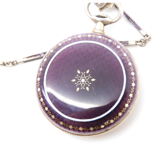 901 - A SILVER ENAMELLED PENDANT WATCHpurple  and white guilloche enamel with gold French transfer decorat... 