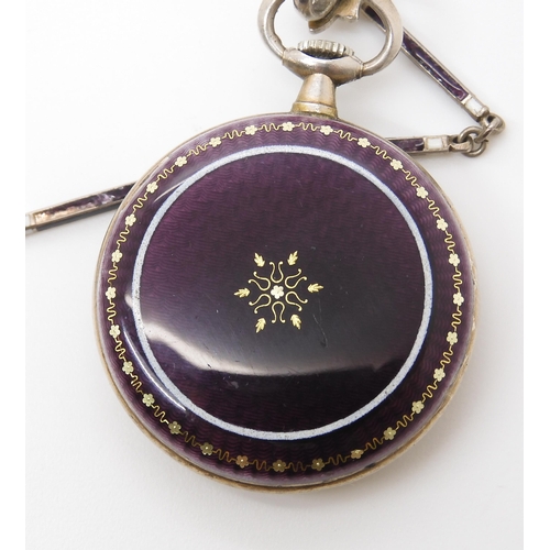 901 - A SILVER ENAMELLED PENDANT WATCHpurple  and white guilloche enamel with gold French transfer decorat... 