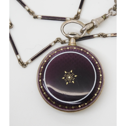 901 - A SILVER ENAMELLED PENDANT WATCHpurple  and white guilloche enamel with gold French transfer decorat... 